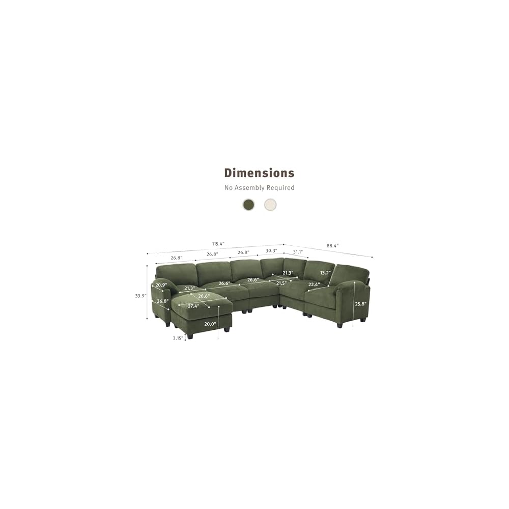WELAX 115'' U Shaped Modular Sectional Sofa, Corduroy Cloud Couch with Deep Comfy Seat & Movable Ottoman,Oversized 7-Seater Sofa for Living Room, Green