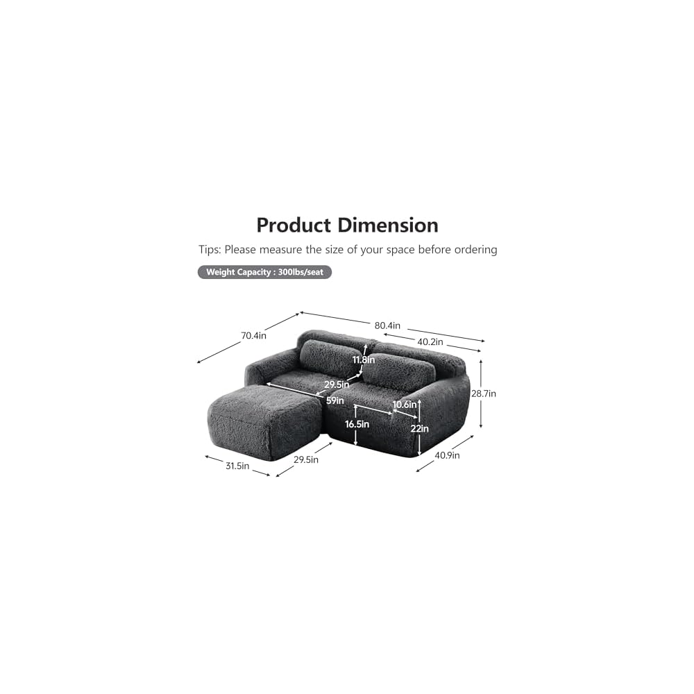 Memory Foam Compressed Modular Boneless Sectional Sofa,80" Floor Convertible L Shaped Cloud Corner Couch Deep Seat Floor Sofa with Movable Ottoman for Living Room Apartment