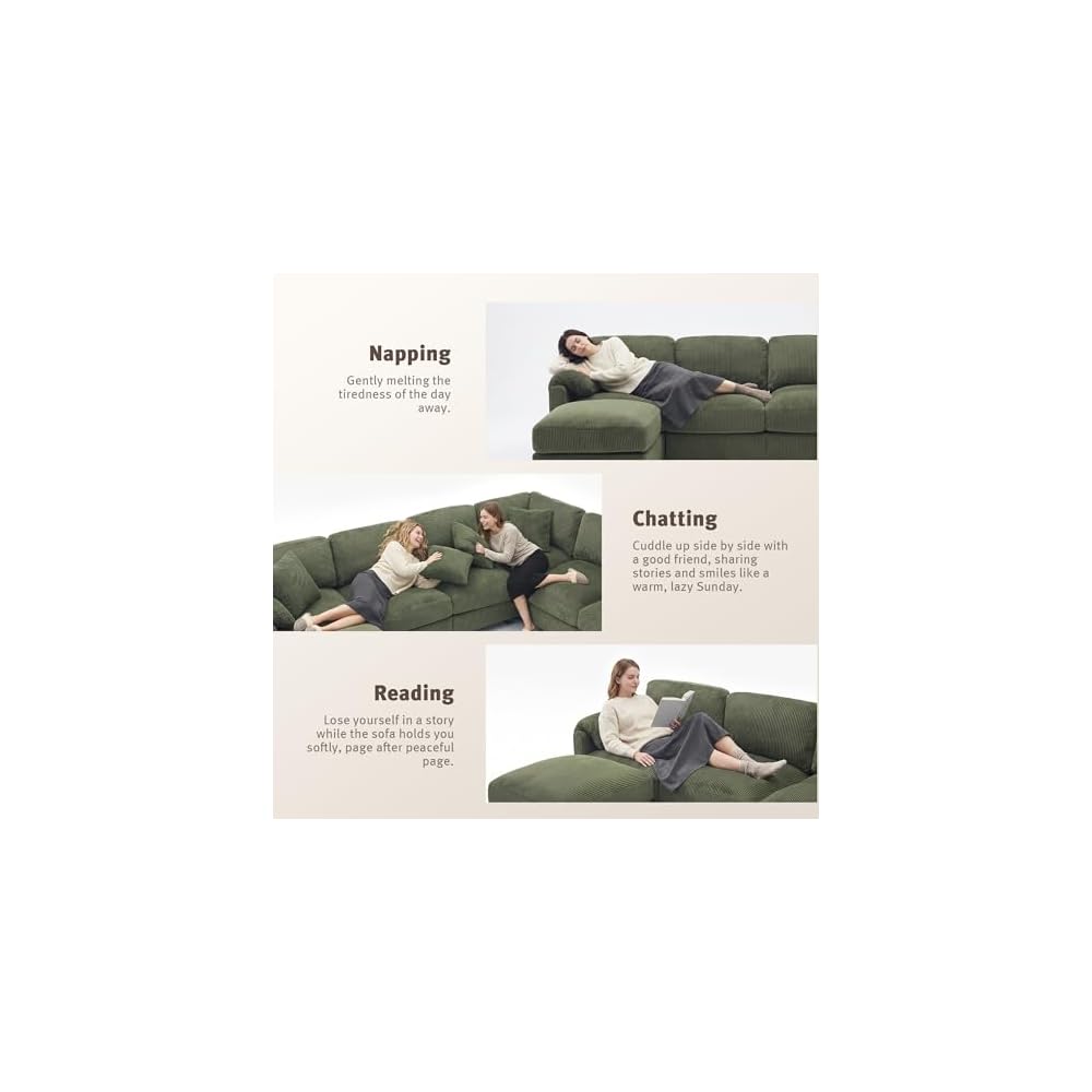 WELAX 115'' U Shaped Modular Sectional Sofa, Corduroy Cloud Couch with Deep Comfy Seat & Movable Ottoman,Oversized 7-Seater Sofa for Living Room, Green