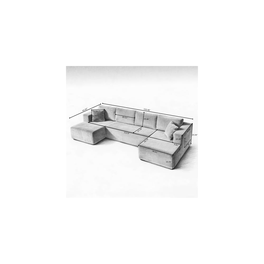 132'' U Shaped Modular Sectional Cloud Sofa Couch Cloud Grey