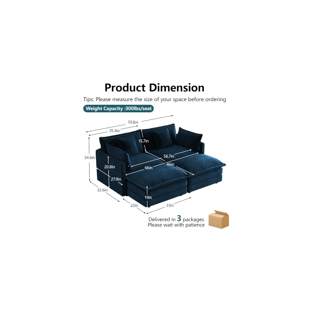 Aoowow 71” Modular Sectional Sofa, Chenille U-Shaped Sofa with 2 Movable Ottomans, Modern Deep 2-Seat Cloud Couch with Pillows for Living Room Apartment Office, Blue