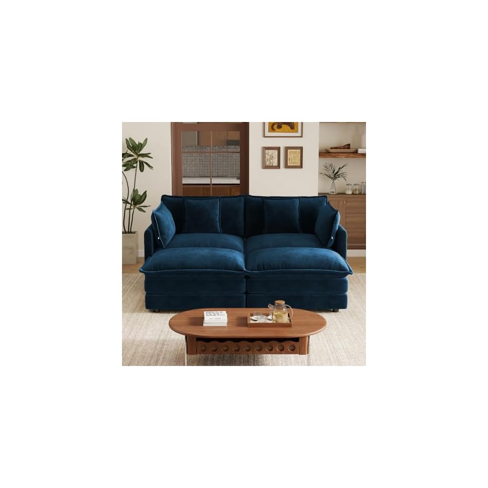 Aoowow 71” Modular Sectional Sofa, Chenille U-Shaped Sofa with 2 Movable Ottomans, Modern Deep 2-Seat Cloud Couch with Pillows for Living Room Apartment Office, Blue