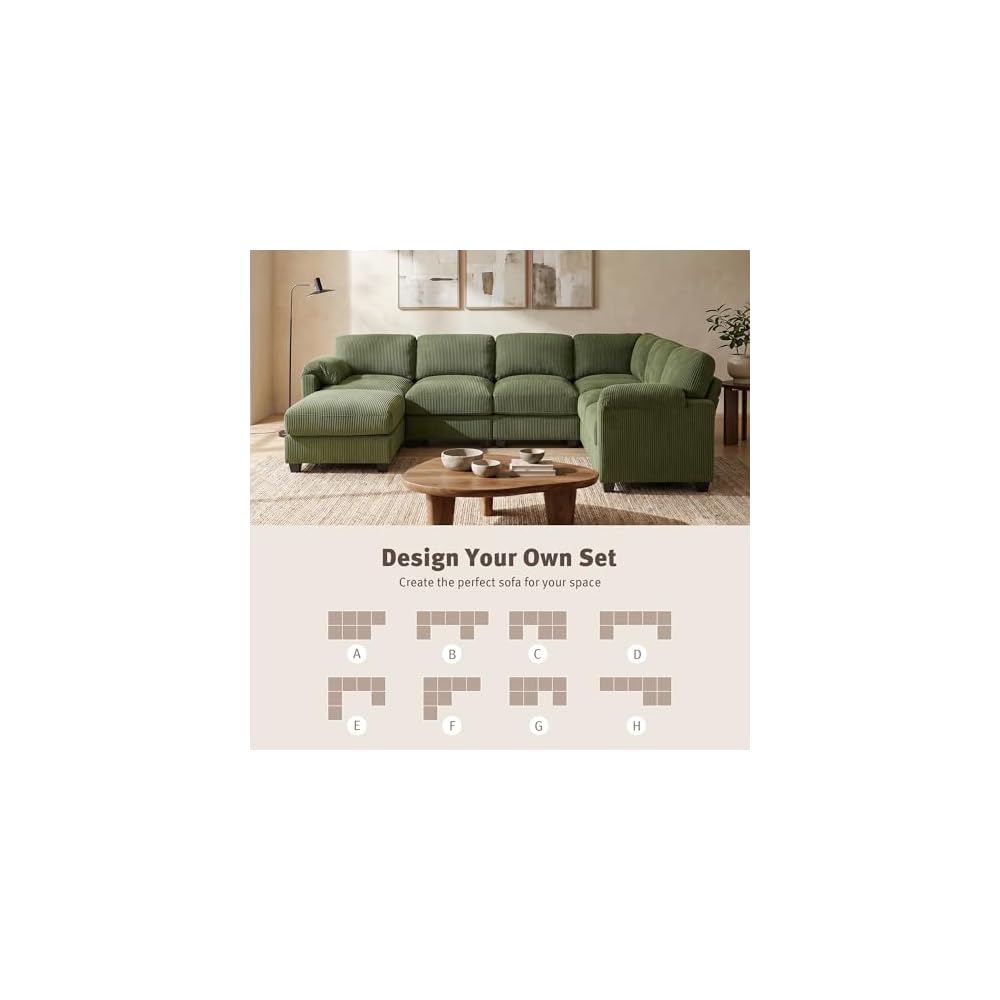 WELAX 115'' U Shaped Modular Sectional Sofa, Corduroy Cloud Couch with Deep Comfy Seat & Movable Ottoman,Oversized 7-Seater Sofa for Living Room, Green