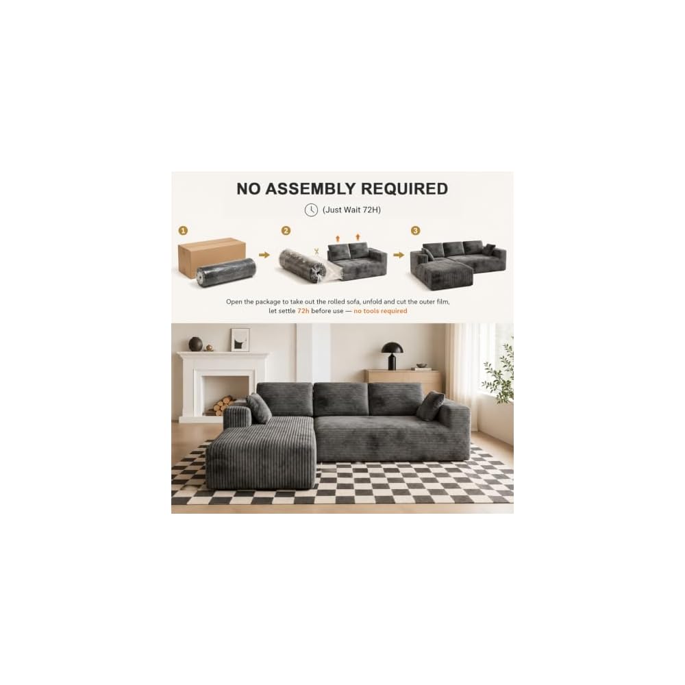 92‑108 Inch L‑Shaped Modular Sectional Sofa, Soft Ribbed Corduroy Upholstery, High‑Density Spring Foam Cushion, Vacuum‑Packed Compressed Couch for Living Room Apartment