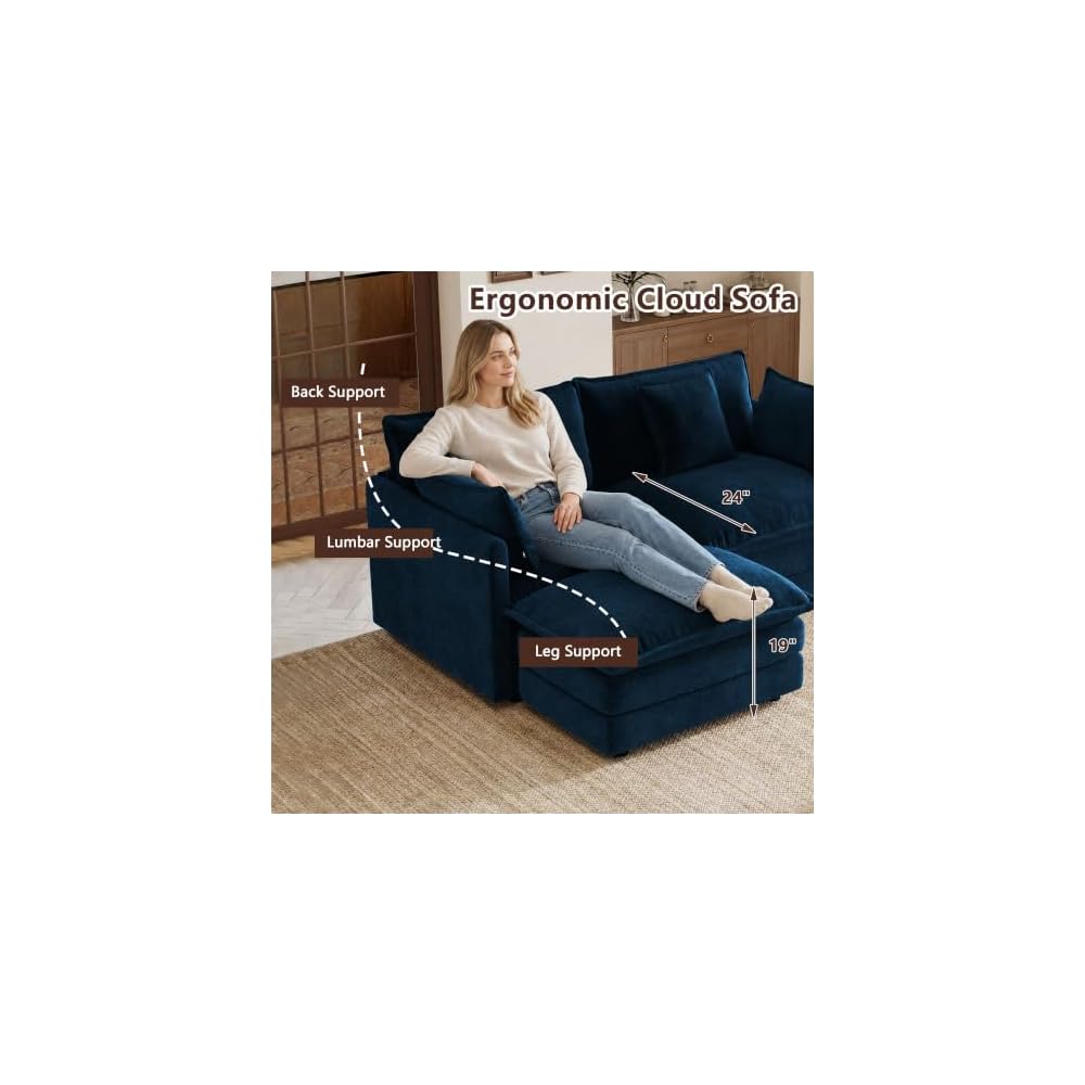Aoowow 71” Modular Sectional Sofa, Chenille U-Shaped Sofa with 2 Movable Ottomans, Modern Deep 2-Seat Cloud Couch with Pillows for Living Room Apartment Office, Blue