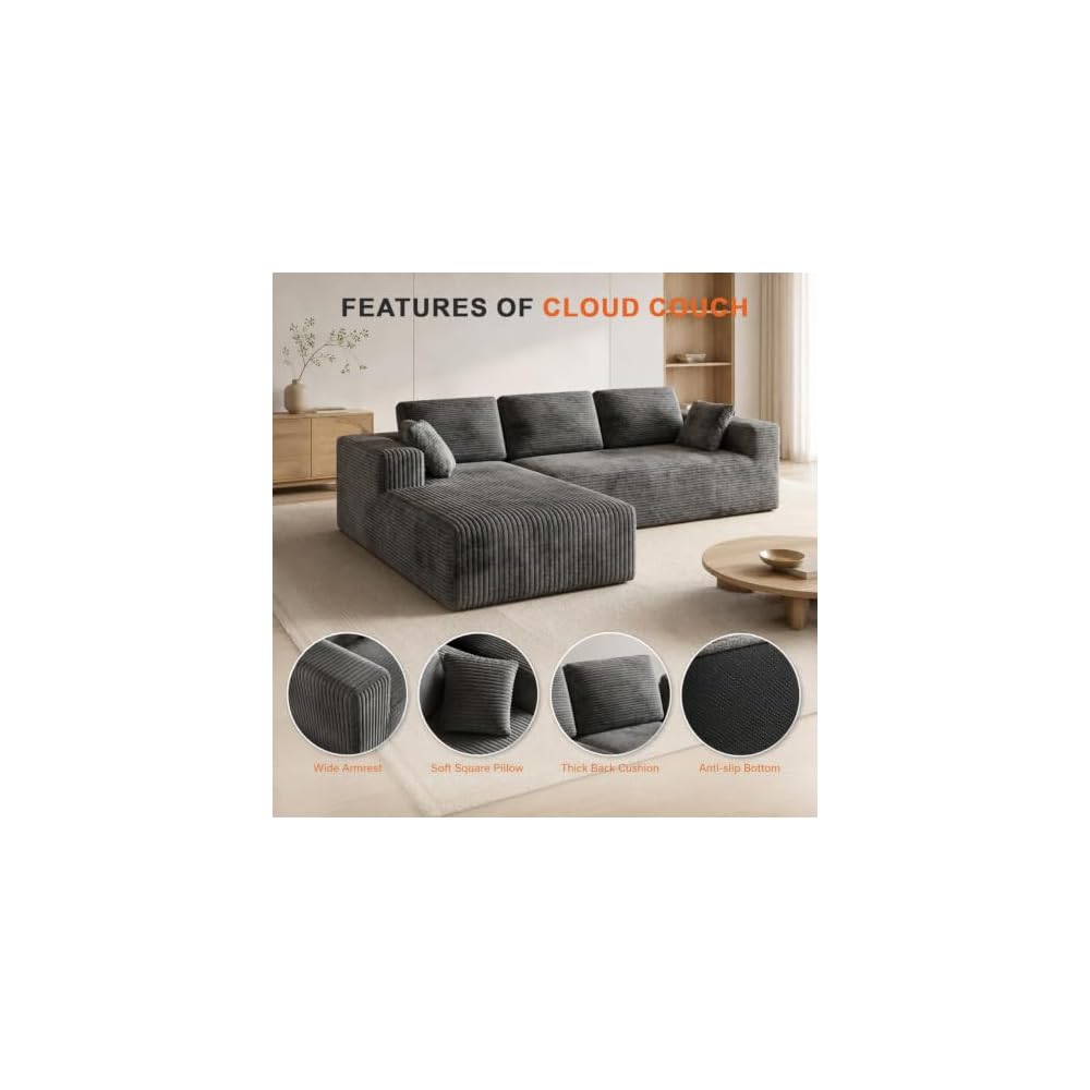 92‑108 Inch L‑Shaped Modular Sectional Sofa, Soft Ribbed Corduroy Upholstery, High‑Density Spring Foam Cushion, Vacuum‑Packed Compressed Couch for Living Room Apartment
