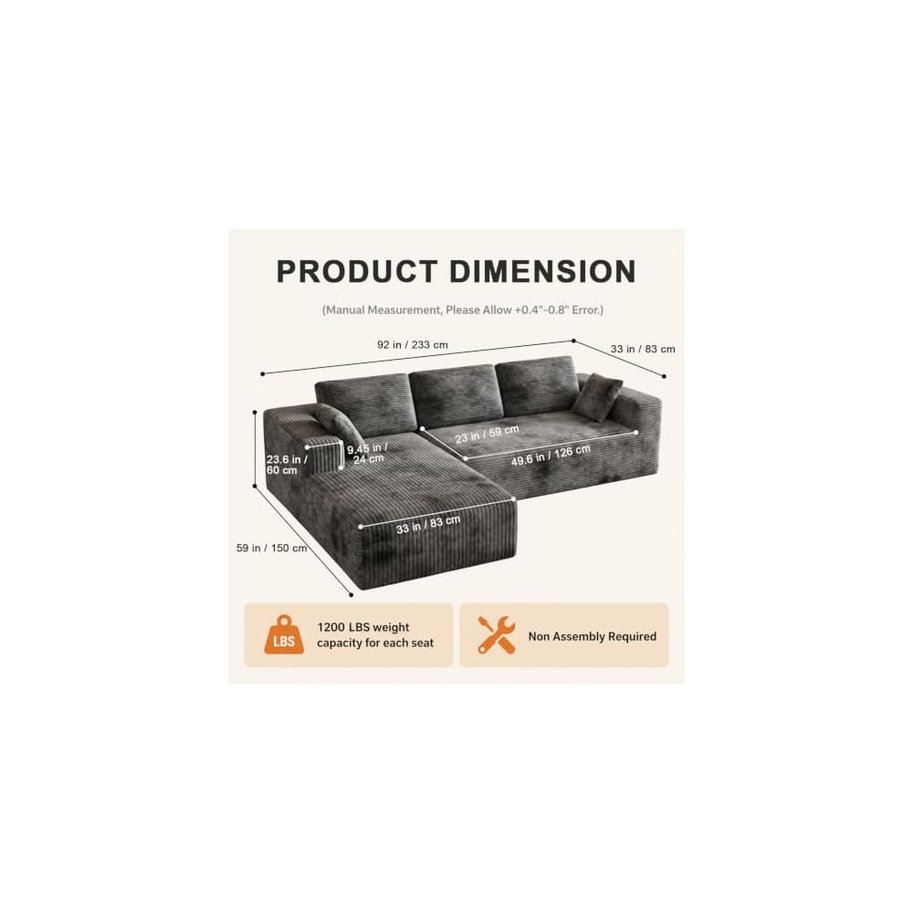92‑108 Inch L‑Shaped Modular Sectional Sofa, Soft Ribbed Corduroy Upholstery, High‑Density Spring Foam Cushion, Vacuum‑Packed Compressed Couch for Living Room Apartment