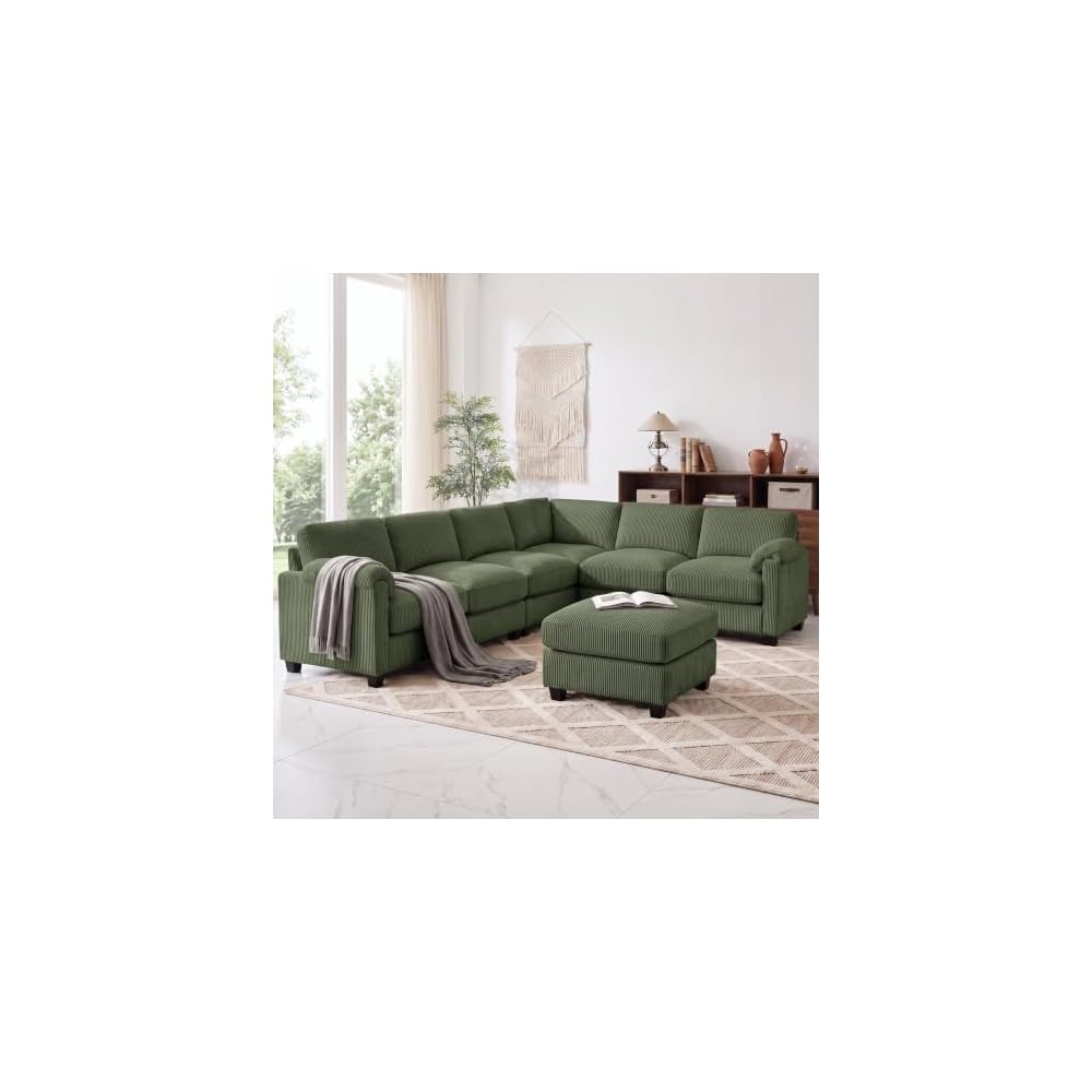 WELAX 115'' U Shaped Modular Sectional Sofa, Corduroy Cloud Couch with Deep Comfy Seat & Movable Ottoman,Oversized 7-Seater Sofa for Living Room, Green