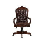 Genuine Leather Executive Chair with Carved Wood Details, Adjustable Swivel Office Chair for Home or Conference (Blue)