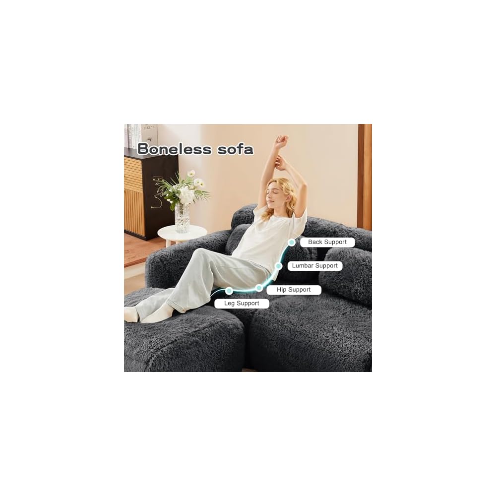 Memory Foam Compressed Modular Boneless Sectional Sofa,80" Floor Convertible L Shaped Cloud Corner Couch Deep Seat Floor Sofa with Movable Ottoman for Living Room Apartment