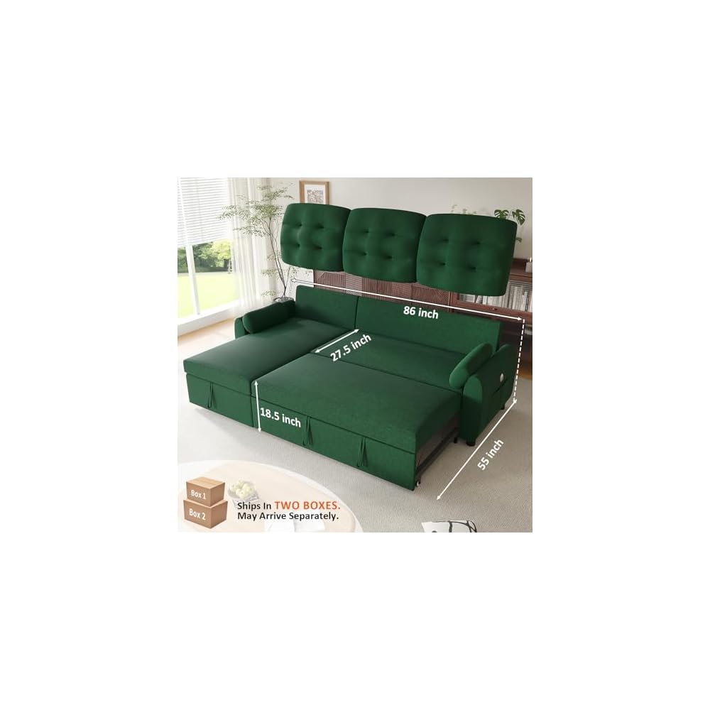 Ucloveria Sleeper Sofa Bed, 86" Convertible Sectional Sofa Couches for Living Room, Pull Out Couch Bed with Reversible Storage Chaise | USB Ports | Side Pockets | Removable Backrest