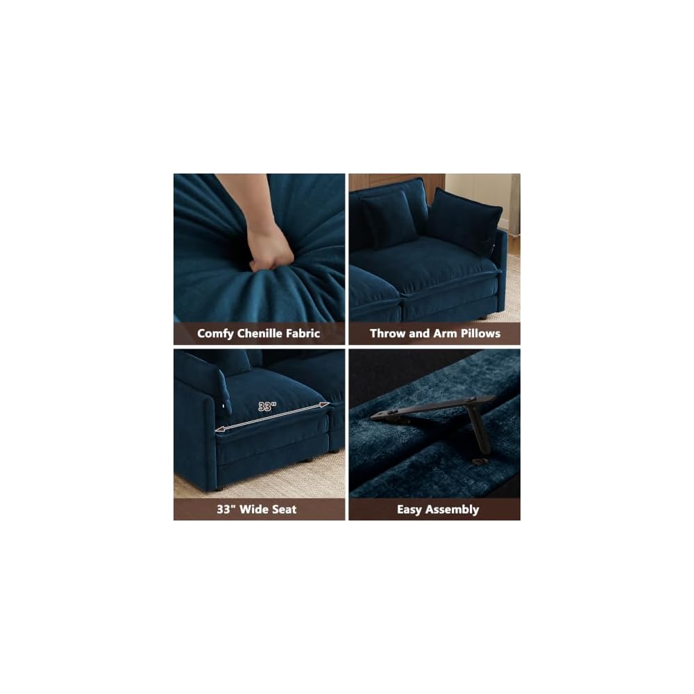 Aoowow 71” Modular Sectional Sofa, Chenille U-Shaped Sofa with 2 Movable Ottomans, Modern Deep 2-Seat Cloud Couch with Pillows for Living Room Apartment Office, Blue