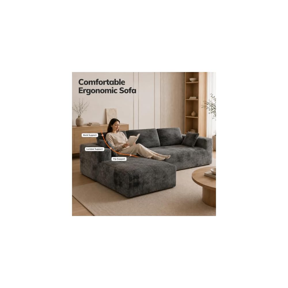 92‑108 Inch L‑Shaped Modular Sectional Sofa, Soft Ribbed Corduroy Upholstery, High‑Density Spring Foam Cushion, Vacuum‑Packed Compressed Couch for Living Room Apartment