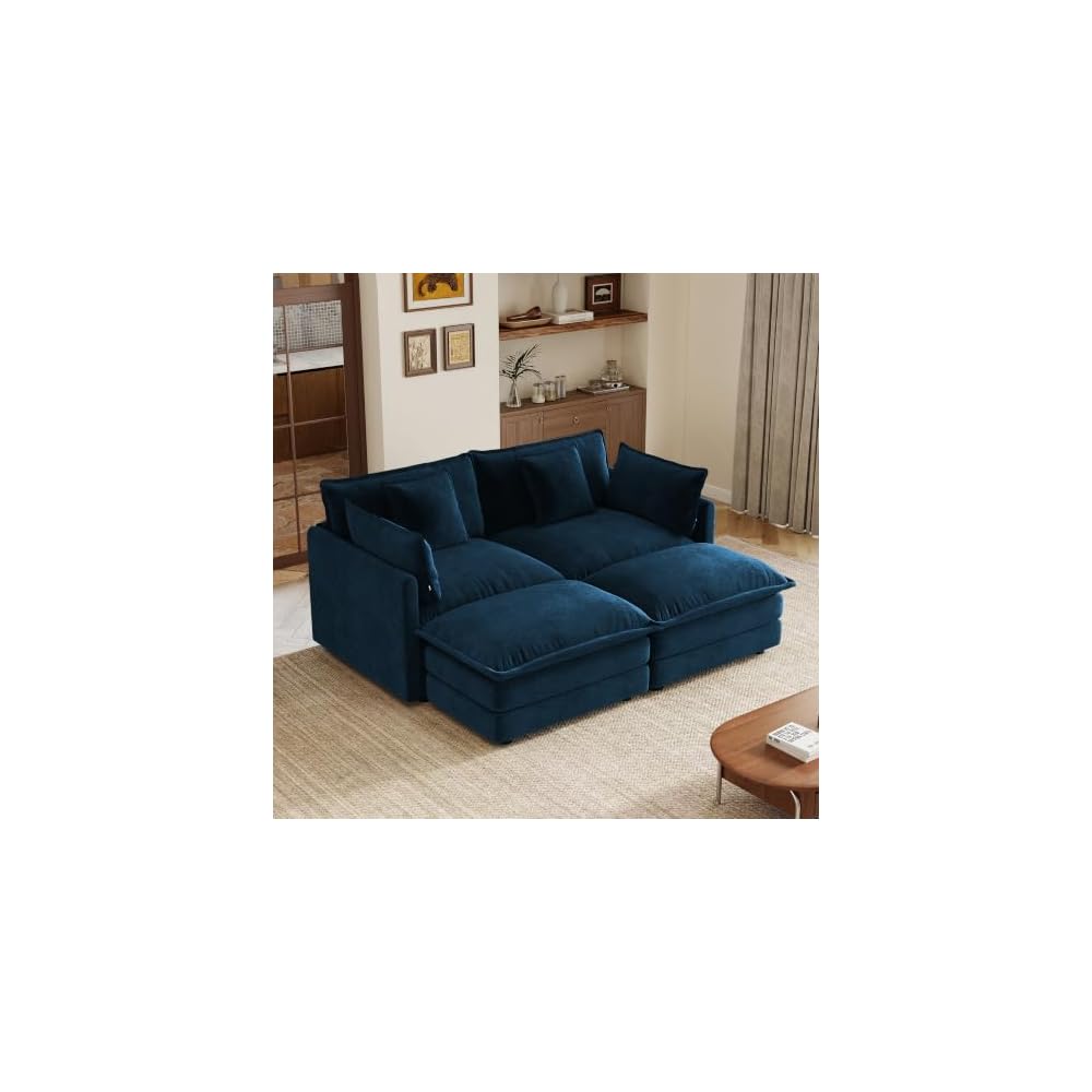 Aoowow 71” Modular Sectional Sofa, Chenille U-Shaped Sofa with 2 Movable Ottomans, Modern Deep 2-Seat Cloud Couch with Pillows for Living Room Apartment Office, Blue