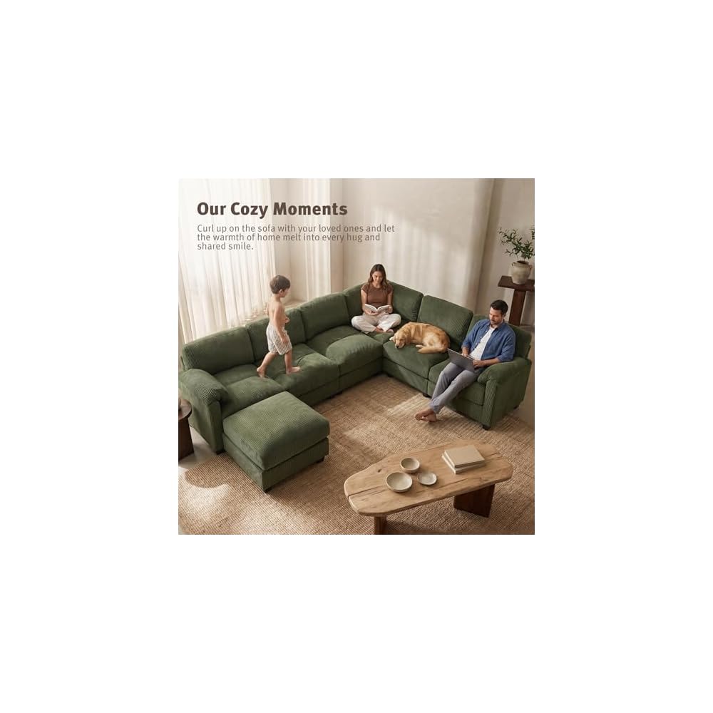 WELAX 115'' U Shaped Modular Sectional Sofa, Corduroy Cloud Couch with Deep Comfy Seat & Movable Ottoman,Oversized 7-Seater Sofa for Living Room, Green