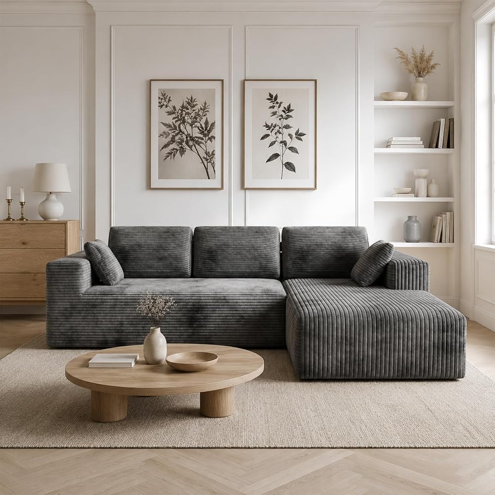 92‑108 Inch L‑Shaped Modular Sectional Sofa, Soft Ribbed Corduroy Upholstery, High‑Density Spring Foam Cushion, Vacuum‑Packed Compressed Couch for Living Room Apartment