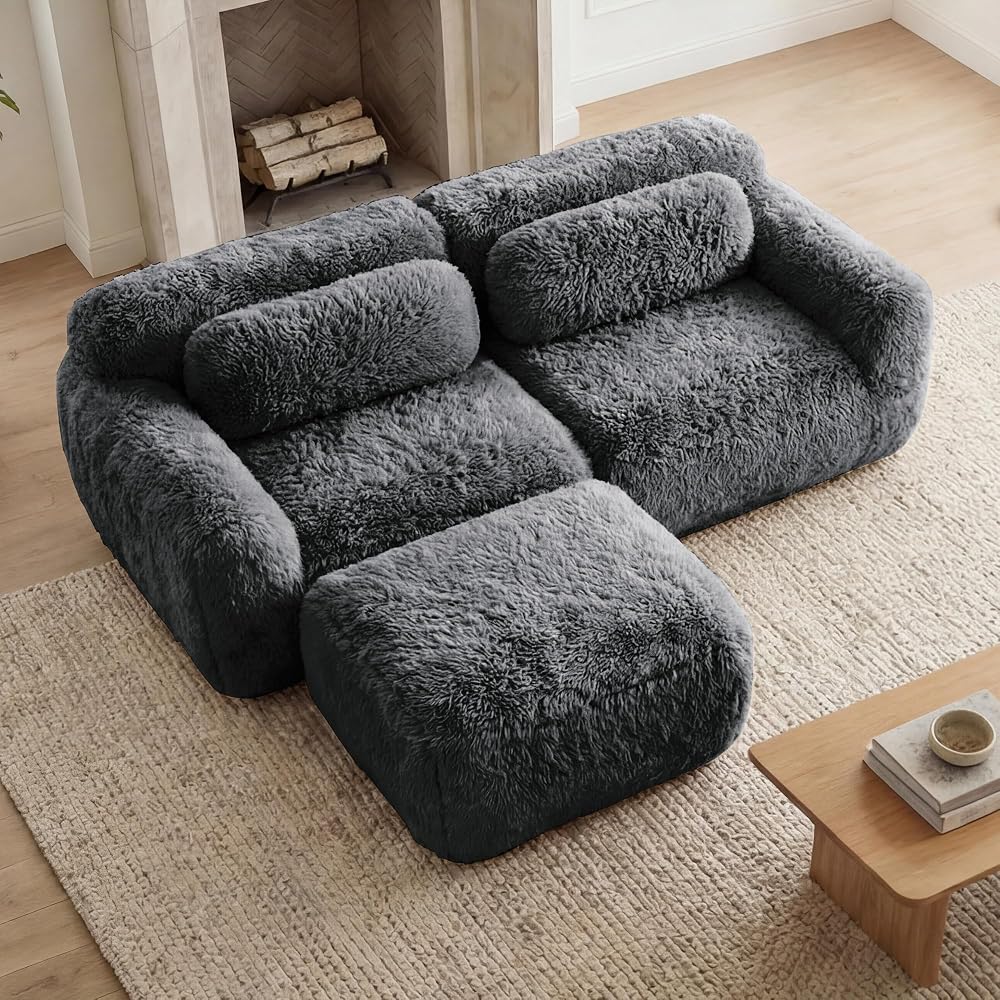 Memory Foam Compressed Modular Boneless Sectional Sofa,80" Floor Convertible L Shaped Cloud Corner Couch Deep Seat Floor Sofa with Movable Ottoman for Living Room Apartment