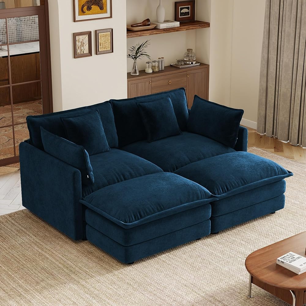 Aoowow 71” Modular Sectional Sofa, Chenille U-Shaped Sofa with 2 Movable Ottomans, Modern Deep 2-Seat Cloud Couch with Pillows for Living Room Apartment Office, Blue