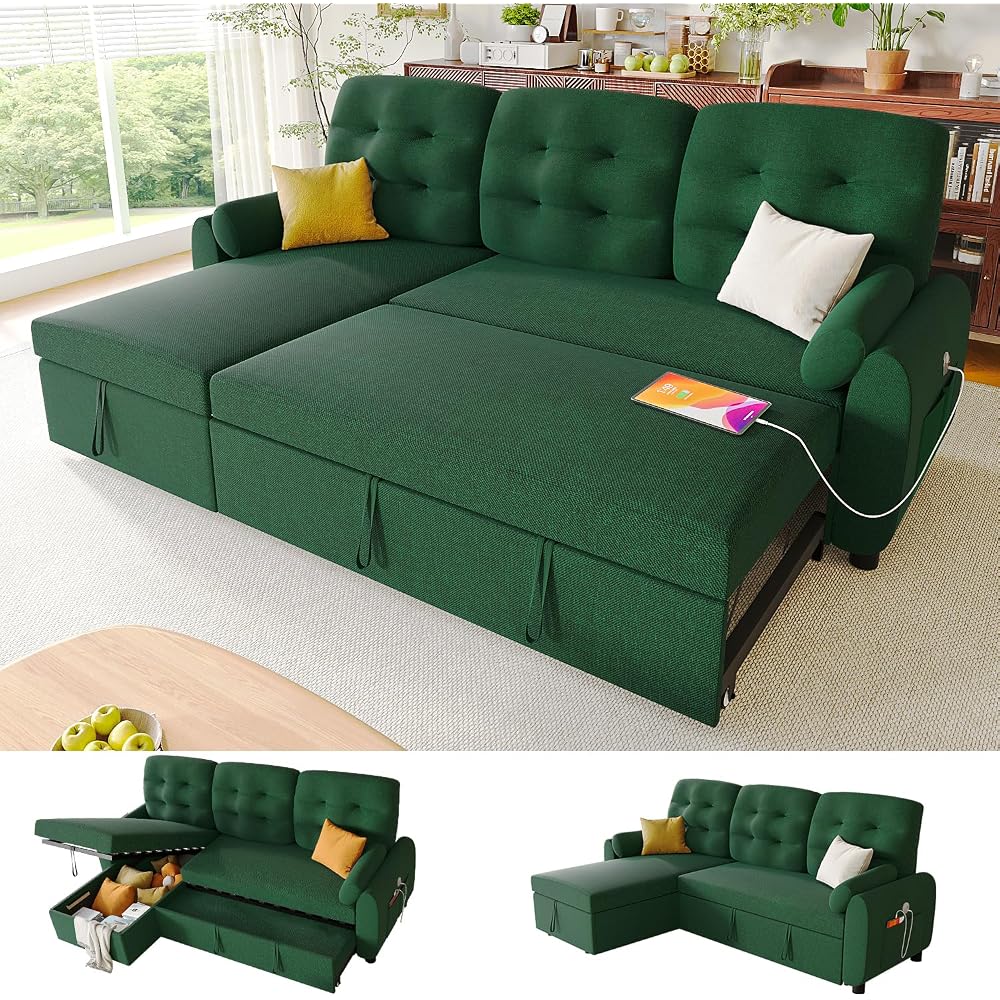 Ucloveria Sleeper Sofa Bed, 86" Convertible Sectional Sofa Couches for Living Room, Pull Out Couch Bed with Reversible Storage Chaise | USB Ports | Side Pockets | Removable Backrest