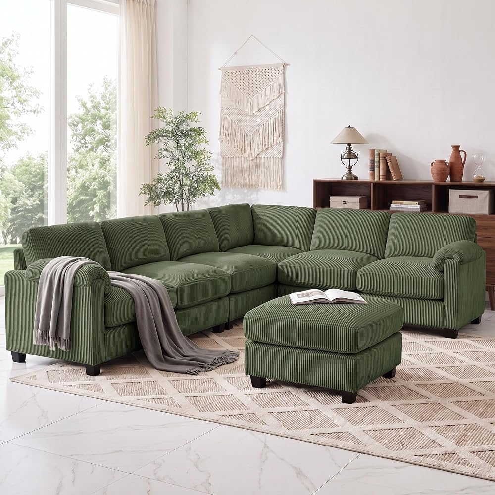 WELAX 115'' U Shaped Modular Sectional Sofa, Corduroy Cloud Couch with Deep Comfy Seat & Movable Ottoman,Oversized 7-Seater Sofa for Living Room, Green
